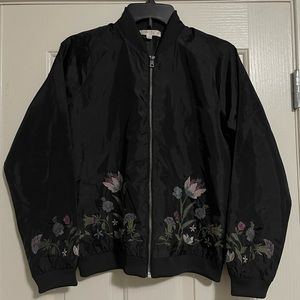 Black Bomber Jacket with Flower Embroidery